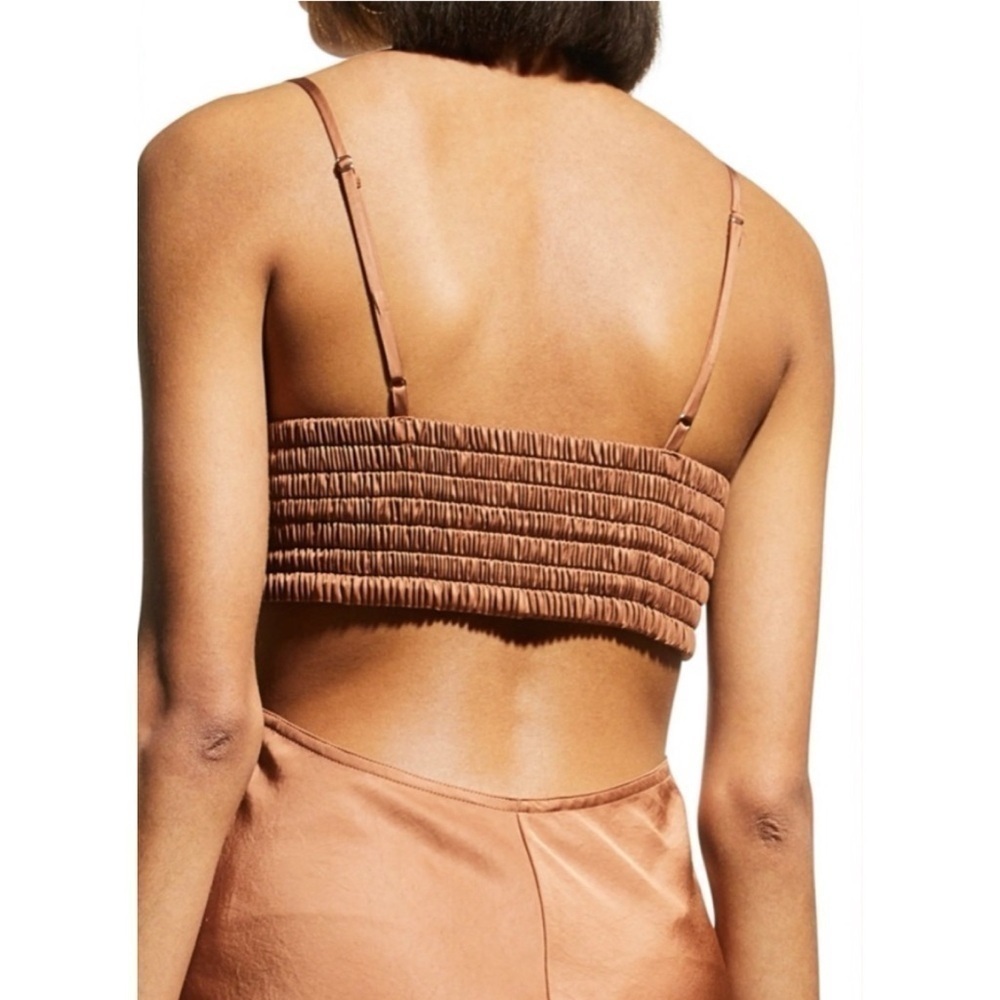 A.L.C. Sienna Cut Out Shirred Satin Midi Dress in Rawhide Brown Size:6 - Picture 4 of 14